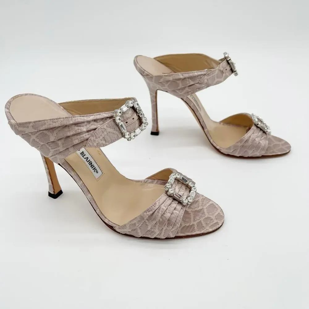 Manolo Blahnik Pink Snake Jacquard Fabric Crystal Buckle Strap Mule Heels IT 40